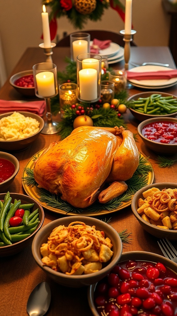 Classic Christmas Dinner from the 2000s A festive Christmas dinner table with roasted turkey, mashed potatoes, green bean casserole, and cranberry sauce.